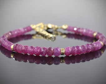 Bracelet en perles de rubis naturel pour femme, bracelet minimaliste, pierre de naissance de juillet, bracelet en argent sterling 925, bijoux en perles de argent
