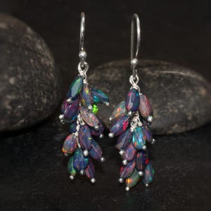 Fire Black Faceted Opal Gold earrings, vintage fire opal earrings, Raw Opal Drop Earring, AAA opal, Natural fire opal, Rare opal earrings