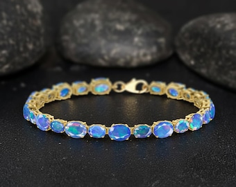 Blue Fire Opal Oval Gemstone Silver Tennis Bracelet, Ethiopian Opal Gemstone Sterling Silver Bracelet, October Birthstone Bracelet