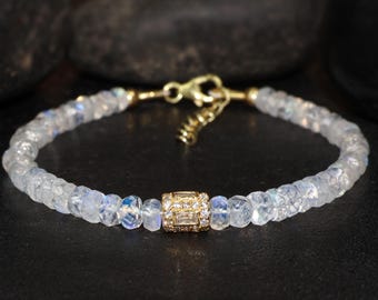 White rainbow moonstone beaded bracelet, Gold Vermeil charm bracelet for women, Natural moonstone faceted beads bracelet gift for her