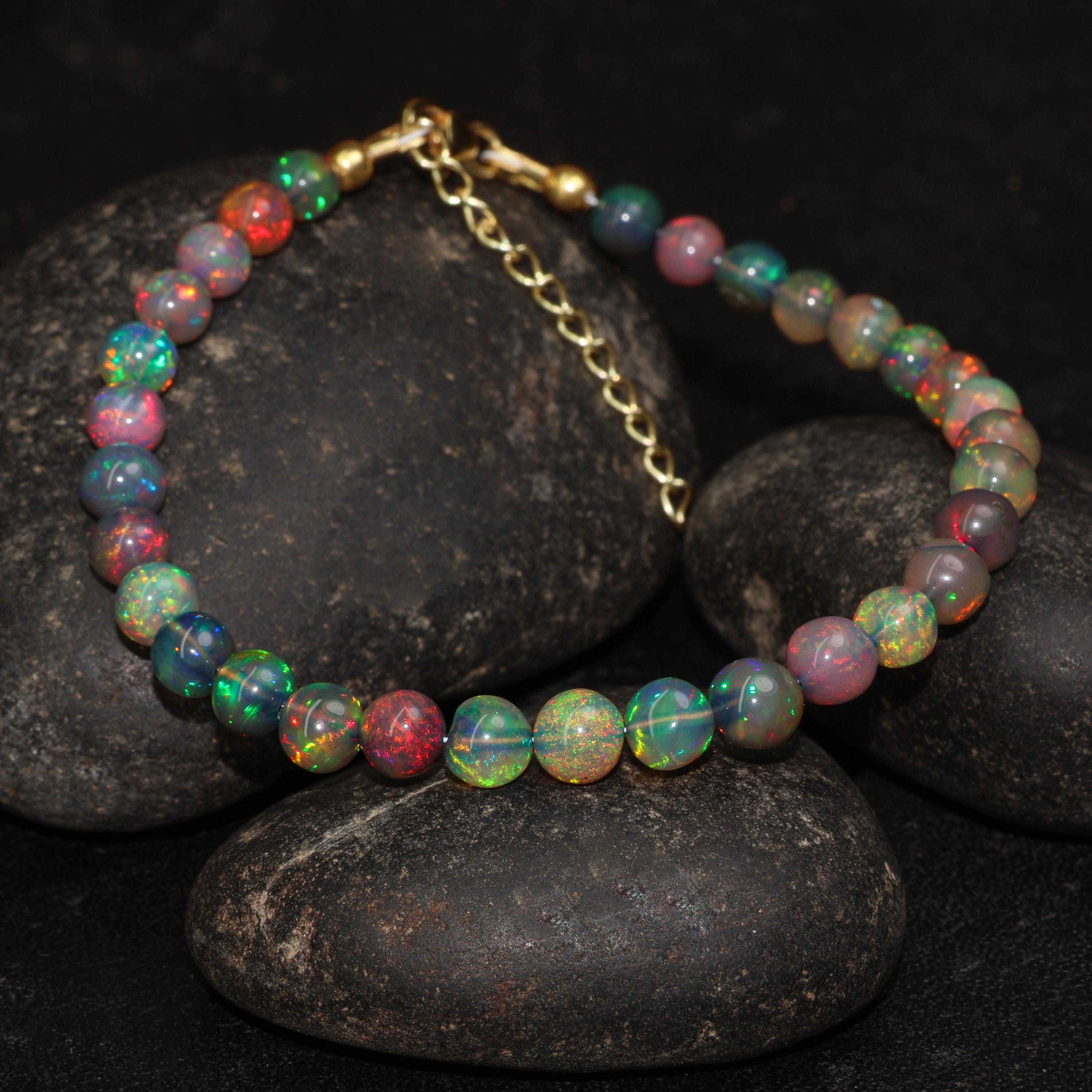 ブラックファイアオパール ブレスレット マルチファイアブラックオパールラウンドジェムストーンビーズ