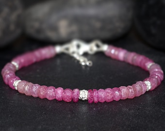 Genuine Ruby Gemstone Beaded Dainty Bracelet for Women, Minimalist Bracelet, July Birthstone, 925 Sterling Silver Bracelet, Beaded Jewelry