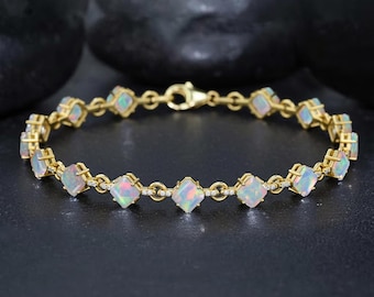 Ethiopian White Opal Octagon Stone Tennis Bracelet for Her, Genuine Fire Opal Gemstone Bracelet, Handmade Opal Bracelet, Anniversary Gift