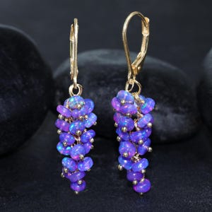 May include: A pair of gold dangle earrings with a cluster of iridescent purple opal beads. The earrings are designed to resemble a bunch of grapes.