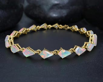 AAA White Opal Kite Gemstone Silver Tennis Bracelet, White Opal Gemstone Bracelet for Her, Handmade Opal Bracelet, Birthstone Gift for Mom