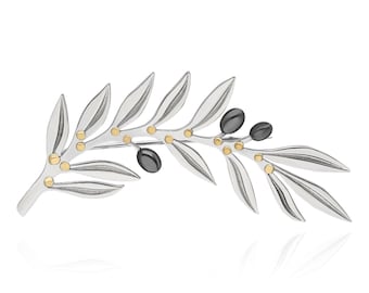 Broche de rama de olivo en plata de ley: capullos de oro y rodio negro