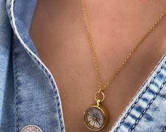 Collar pequeño con brújula vintage: colgante de plata de ley chapado en oro de 18k