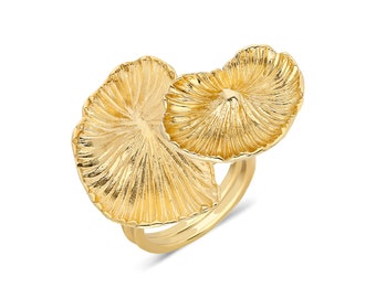 Anillo doble dorado con forma de hongo: anillos ajustables y llamativos