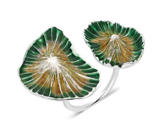 Anillo doble de hongo en plata de ley esmaltada: joyería ajustable y llamativa
