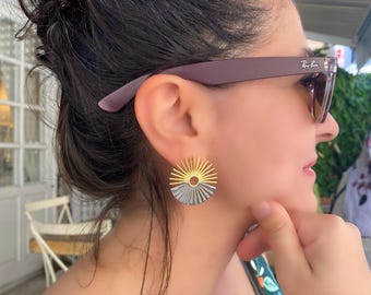 Pendientes Art Déco Sunburst: Charms circulares de plata de ley (3,2 cm)