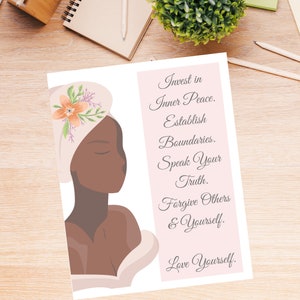 Nota motivacional de autocuidado, cartões de nota motivacional, cartões de afirmação positiva, mulher negra, cartões inspiradores, atenção plena