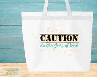 Creative Genius, Caution, utility tote, large utility tote, tote with zipper, entrepreneur gift, canvas tote, creative gift, gift for artist