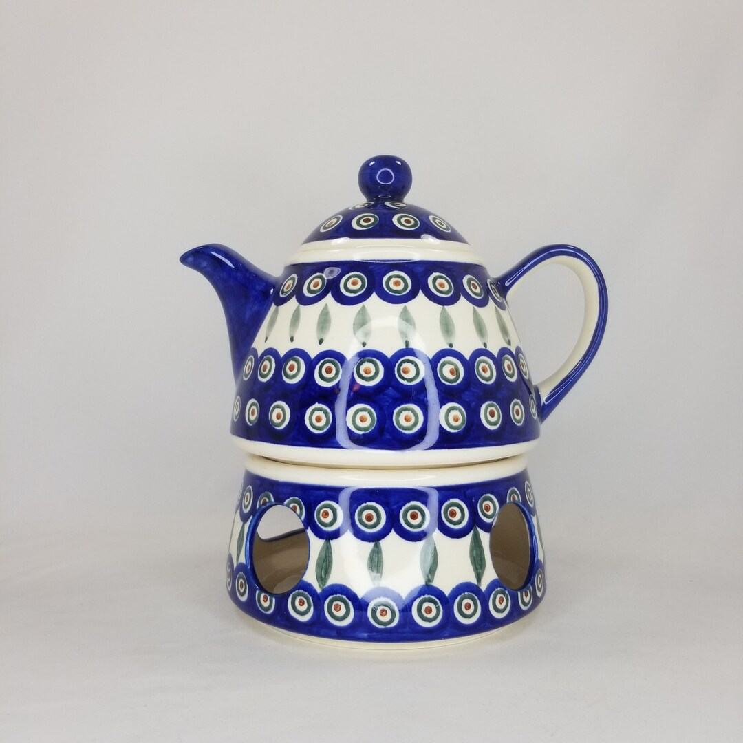 Vintage Boleslawiec Polish Pottery Teapot With Warmer Stand