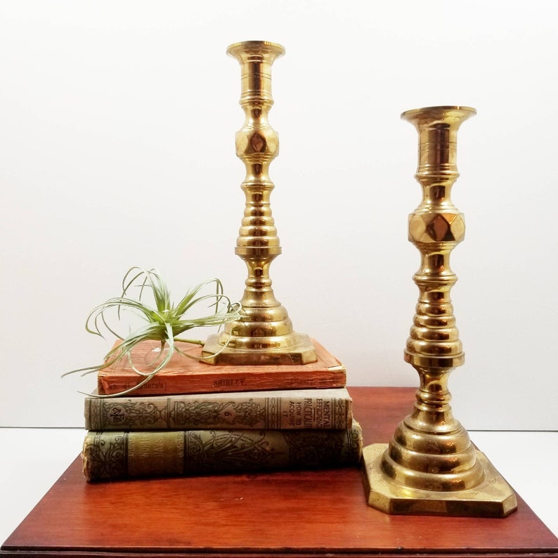 Antique pair of late 19th century beehive pushup brass candlesticks brass candlesticks