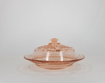 Vintage Federal Glass Sharon Cabbage Rose Pink Butter Dish, Federal Glass Sharon Cabbage Rose Pink Butter Dish, Federal Glass Butter Dish