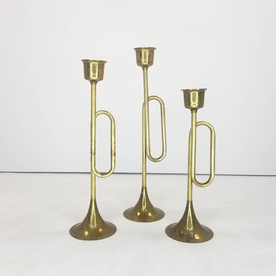 Vintage Set of 3 Brass Horn/trumpet Candlestick Holders, Brass