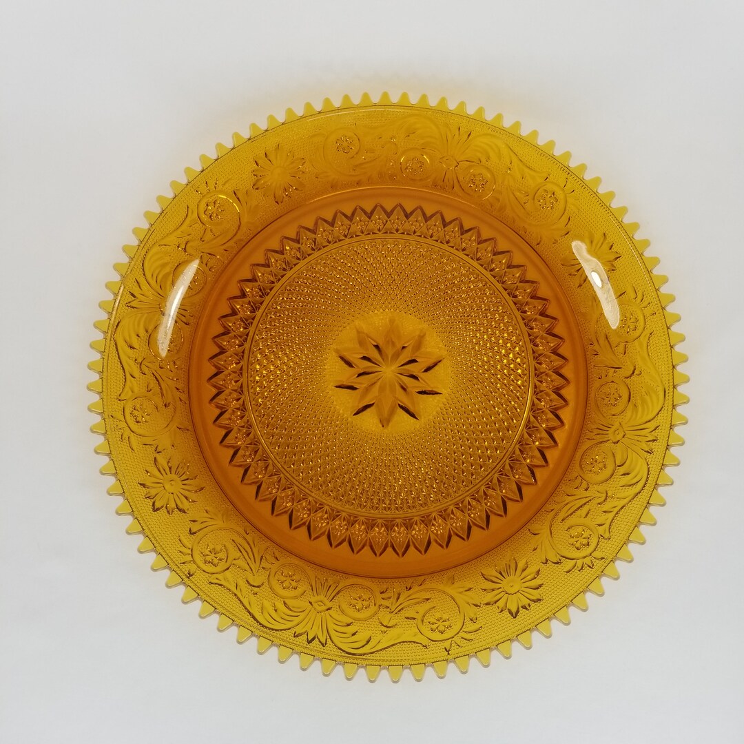 Vintage Tiara Glass Amber Sandwich Pattern Sawtooth Rim Platter, Amber