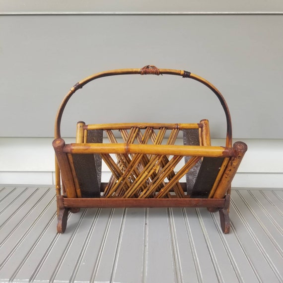 Vintage Wooden and Rattan Foldable Magazine Rack/holder, Wooden