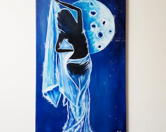 Art portrait femme et lune, art moderne acrylique, art abstrait, art mural