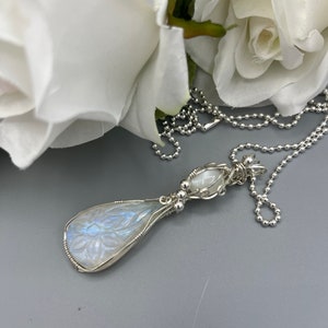 Carved Moonstone Double Wire Wrapped Sterling Silver Pendant