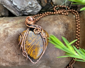 Natural Mariam Jasper Heart-Shaped Pendant Wire Wrapped in Copper