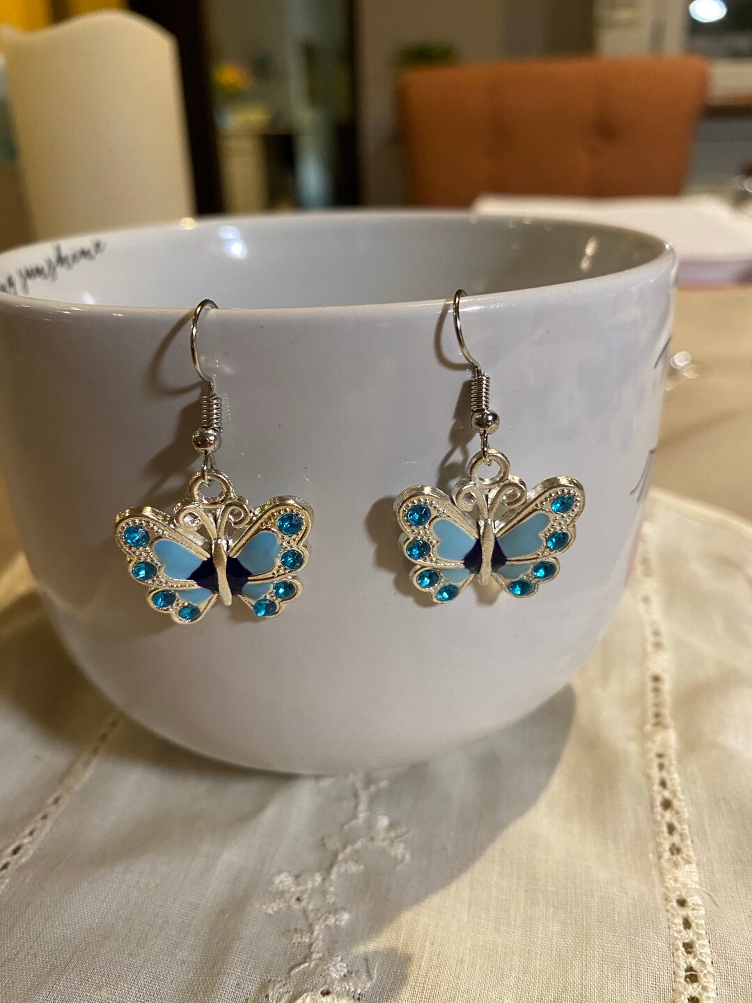 Butterfly Charm Earrings, Blue and Silver Butterfly Earrings, Cute