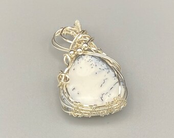 Wire Wrapped White Dendritic Agate Teardrop Pendant