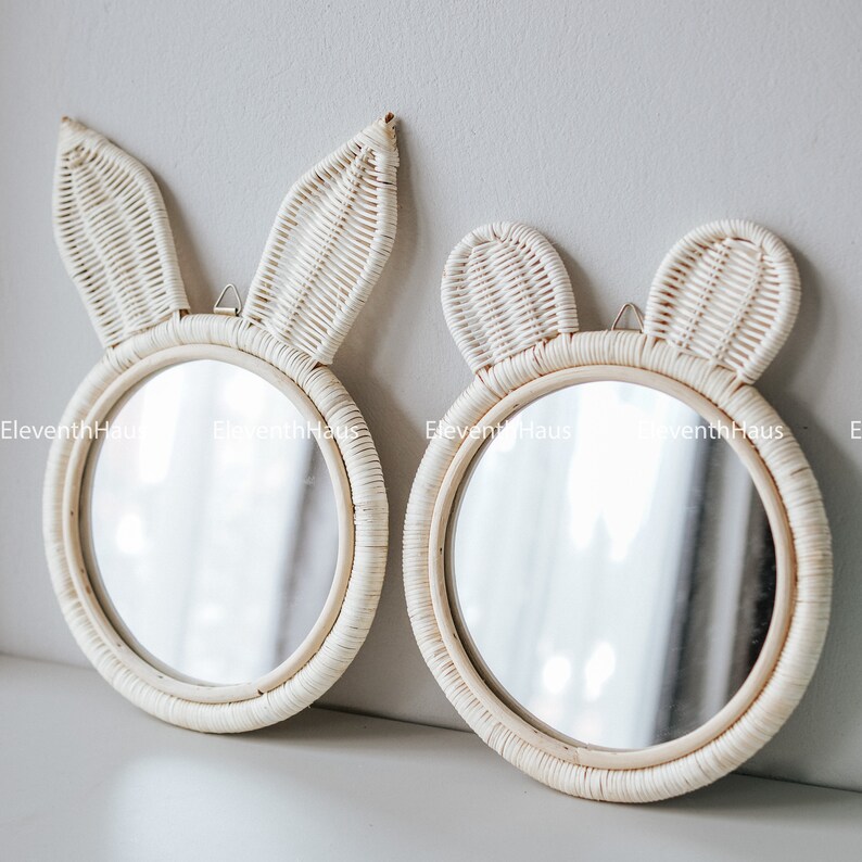Cute Bunny/bear Ears White Rattan Round Mirrors Wall Etsy