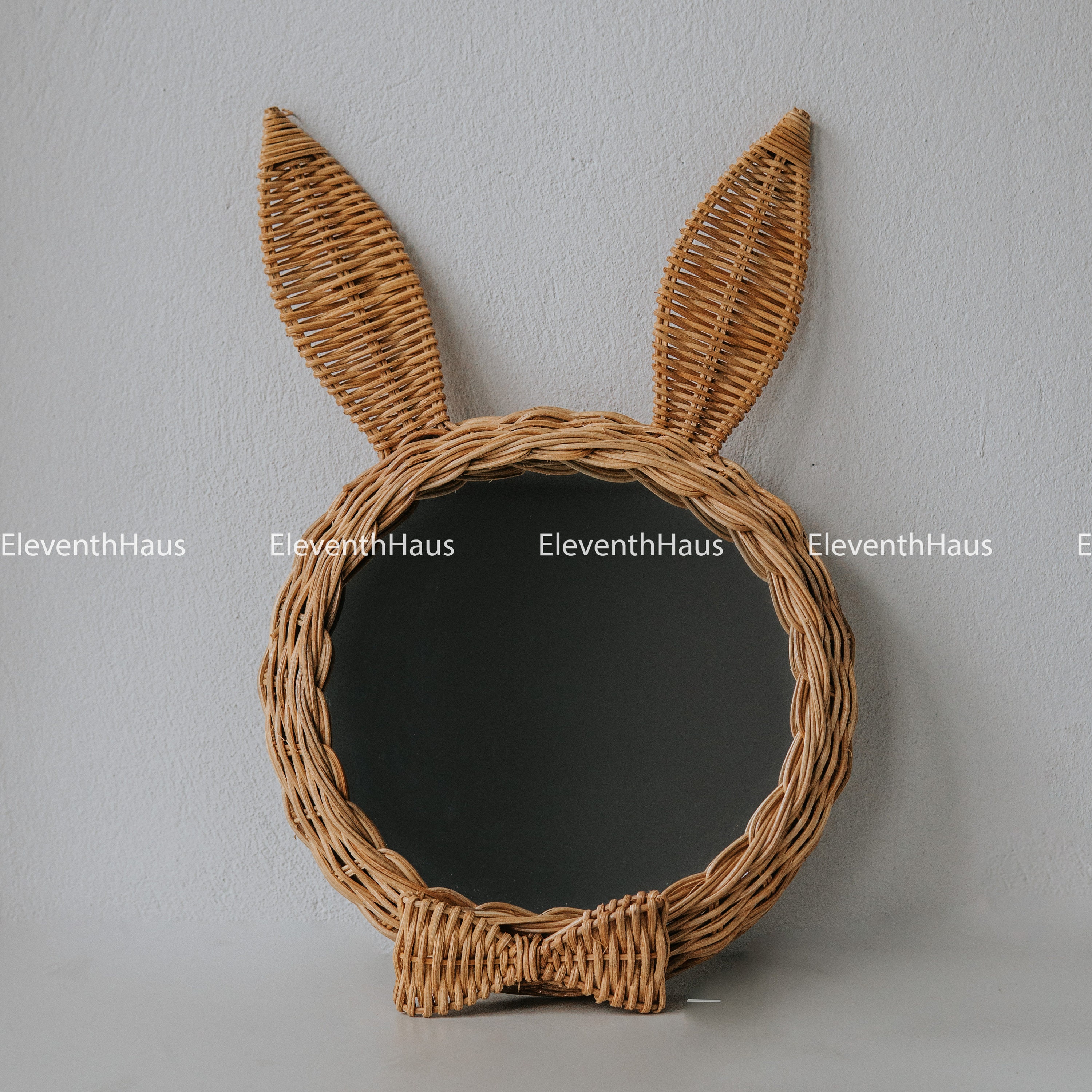 Cute Bunny Ears/bowknot Natural Rattan Round Mirrors Wall Etsy