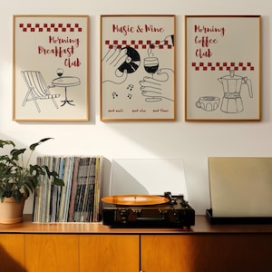 Keukenposter set van 3, ontbijtposter, trendy eten en drinken print, barwagen print, handgetekende keuken prints, koffie wijn kunst aan de muur
