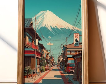 Mount Fuji Japan Print, Anime Style Japanese Street Wall Art, Retro Tokyo Landscape Poster