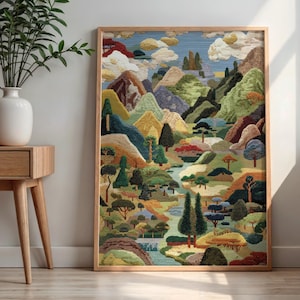 Traditional Nature Landscape Art Print: Mountain Valley River Forest Wall Decor