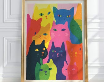 Regenbogen Katzen Kunstdruck: Auffälliges Pop Art Poster, buntes, modernes Wanddekor