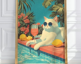 Affiche de boisson de vacances de chat blanc, art mural lunatique d'été