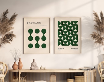 Set of 2 Bauhaus Prints, Mid Century Modern Poster Set, Green Abstract Poster, Retro Bauhaus Wall Art, Set of 2 Prints, Gallery Wall Art