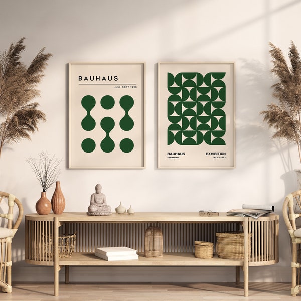 Set of 2 Bauhaus Prints, Mid Century Modern Poster Set, Green Abstract Poster, Retro Bauhaus Wall Art, Set of 2 Prints, Gallery Wall Art