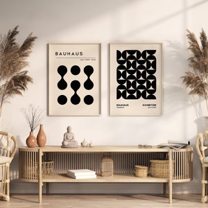 Conjunto de 2 impressões abstratas pretas Bauhaus, conjunto de pôsteres modernos de meados do século, arte retrô de parede Bauhaus, conjunto de 2 impressões, arte de parede de galeria
