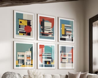 Set of 6 Bauhaus Geometric Building Architectural Poster Print, Gallery Wall Set, Mid Century Modern Wall Decor