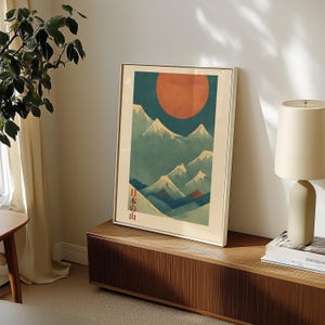 Japanese Mountain Poster, Nature Illustration, Japandi Style Wall Decor, Landscape Wall Art, Trendy Wall Art, Vintage Home Decor