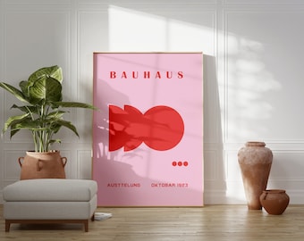 Pink Geometric Bauhaus Poster, Abstract Wall Art, Bauhaus Exhibition Poster, Coastal Home Decor, Mid Century Modern