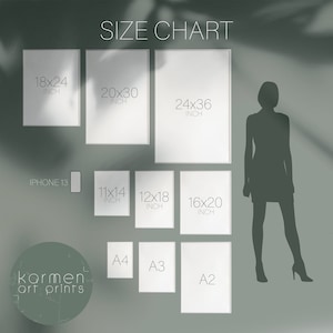 May include: Size chart for art prints, showing different sizes in inches, including 18x24, 20x30, 24x36, 11x14, 12x18, 16x20, and standard paper sizes A4, A3, and A2. The chart also includes a silhouette of a person for scale.