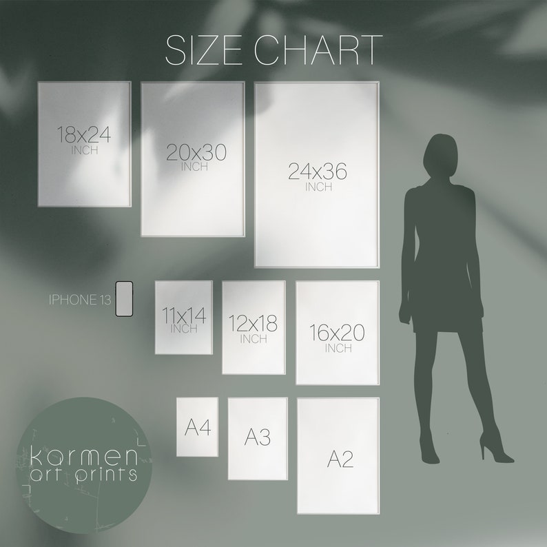 May include: Size chart for art prints, showing different sizes in inches, including 18x24, 20x30, 24x36, 11x14, 12x18, 16x20, and standard paper sizes A4, A3, and A2. The chart also includes a silhouette of a person for scale.