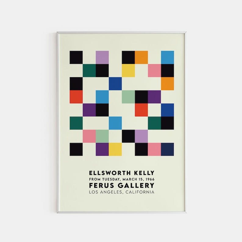 May include: A vintage poster advertising an Ellsworth Kelly exhibition at the Ferus Gallery in Los Angeles, California. The poster features a colorful geometric abstract design with squares in shades of red, yellow, blue, green, black, and white.