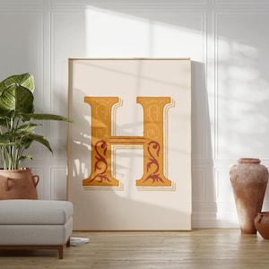 Vintage Anfangsdruck, Einzelbuchstabe Alphabet Poster, H Poster, Eklektisches Haus Typografie Dekor, Büro Wandkunst, Kinderzimmer Dekor