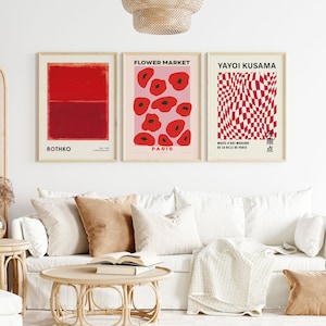 Gallery Wall Set of 3 Prints, Kusama Print, Rothko Poster, Flower Market Poster, Gallery Wall Bundle, Modern Wall Art, Red Poster Print Set