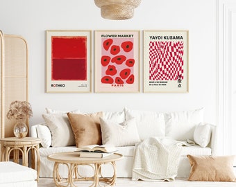 Gallery Wall Set of 3 Prints, Kusama Print, Rothko Poster, Flower Market Poster, Gallery Wall Bundle, Modern Wall Art, Red Poster Print Set
