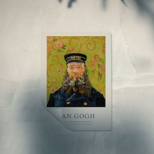 May include: A painting of a man wearing a blue uniform with a cap that says "POSTES" on it. The background is a yellow-green with a floral pattern. The painting is titled "Portrait of the Postman Joseph Roulin" by Vincent van Gogh.