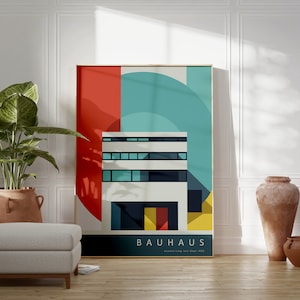 Bauhaus Building Architectural Geometric Poster, Red Bauhaus Wall Art, Eclectic Home Decor, Mid Century Modern