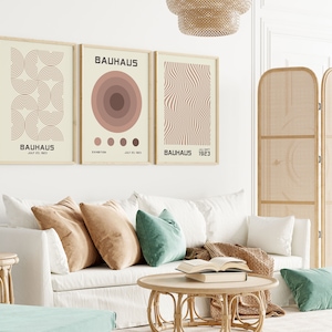 Bauhaus Wall Art Set of 3, Bauhaus Exhibition Poster, Pink Blush Abstract Poster, Bauhaus Decor, Gallery Wall Set, Retro Decor