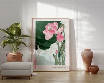 May include: A framed print of a pink lotus flower with green leaves and stems. The print is titled "蓮華世界" and signed "OHARA KOSON".